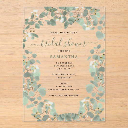 Eucalyptus Greenery Silver Dollar Vrijgezellenfees Acryl Uitnodigingen (Voorkant)