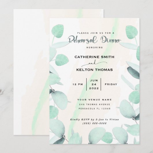Eucalyptus Greenery Simple Rehearsal Dinner Kaart (Voorkant / Achterkant)