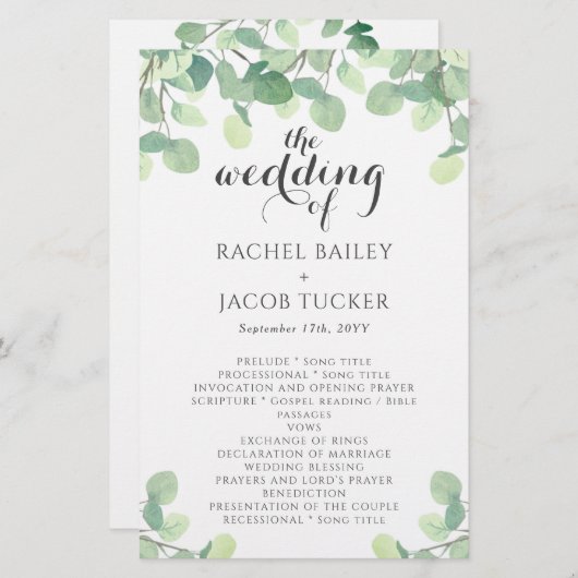 Eucalyptus Greenery Simple Script Weddenschap (Voorkant / Achterkant)