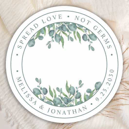 Eucalyptus Greenery Spread Love not Germs Wedding Ronde Sticker