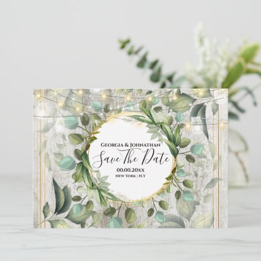 Eucalyptus greenery-strijkkoord licht landhout save the date (Staand voorkant)