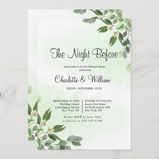 Eucalyptus Greenery Succulent Rehearsal Dinner Kaart (Voorkant / Achterkant)