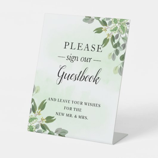 Eucalyptus Greenery Succulent Wedding Guestbook Reclamebord Met Voetstuk (Voorkant)