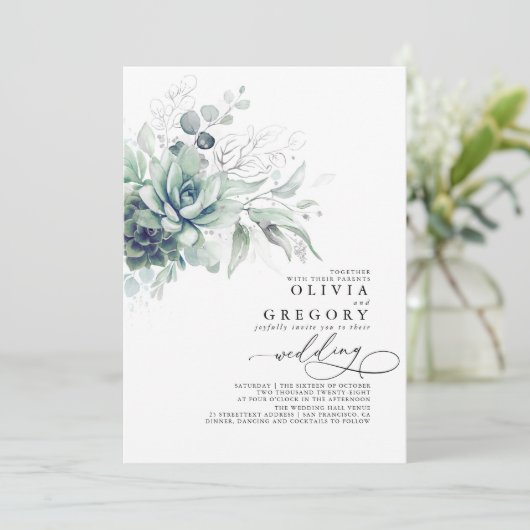 Eucalyptus Greenery Succulents and Silver Wedding Kaart (Staand voorkant)