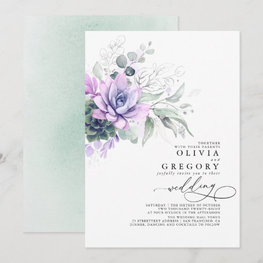 Eucalyptus Greenery Succulents and Silver Wedding Kaart (Voorkant / Achterkant)