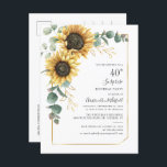 Eucalyptus Greenery Sunflower 40th Birthday Party Uitnodiging Briefkaart<br><div class="desc">Creëer is een soort verjaardagsuitnodiging met onze bloemen en groene geometrische sjabloon met zonnebloem en eucalyptus met gouden folie geometrisch lijst,  door op de knop "Personaliseren" te klikken</div>