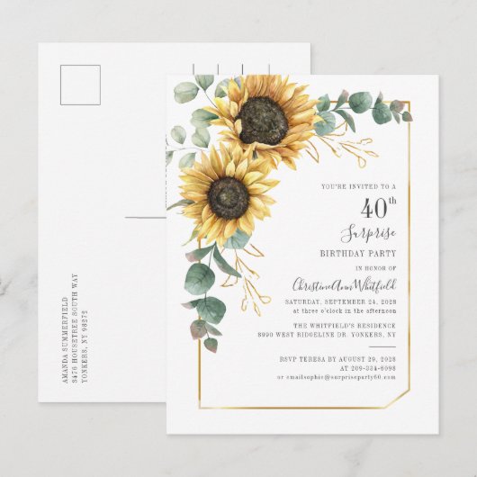 Eucalyptus Greenery Sunflower 40th Birthday Party Uitnodiging Briefkaart (Voorkant / Achterkant)