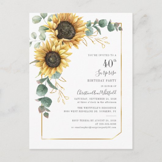Eucalyptus Greenery Sunflower 40th Birthday Party Uitnodiging Briefkaart (Voorkant)