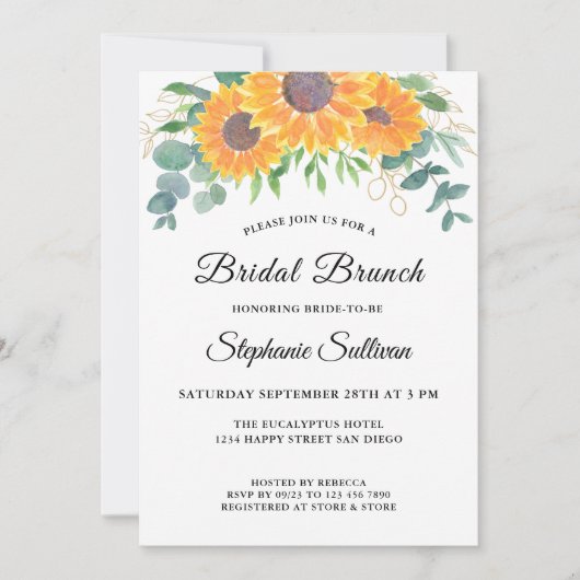 Eucalyptus Greenery Sunflower Bridal Brunch Kaart (Voorkant)