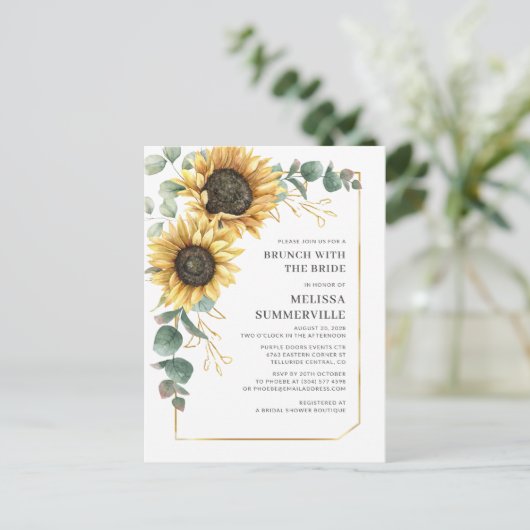 Eucalyptus Greenery Sunflower Brunch met bride Uitnodiging Briefkaart (Staand voorkant)