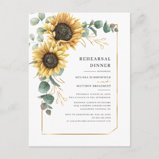Eucalyptus Greenery Sunflower Rehearsal Dinner Uitnodiging Briefkaart (Voorkant)