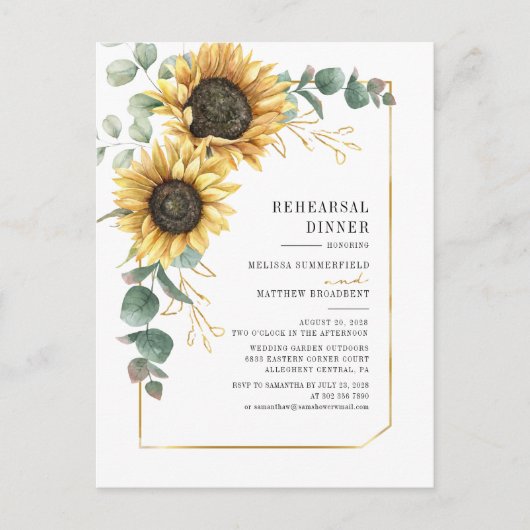 Eucalyptus Greenery Sunflower Rehearsal Dinner Uitnodiging Briefkaart (Voorkant)