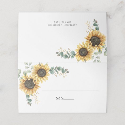 Eucalyptus Greenery Sunflower Script Weddentafel Plaatskaartje (Buitenkant ongevouwen)