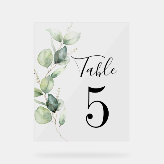 Eucalyptus Greenery Table Number 5 Weddenschap Acryl Bord (Voorkant)