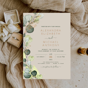 Eucalyptus Greenery Taupe Beige Gold Wedding Kaart