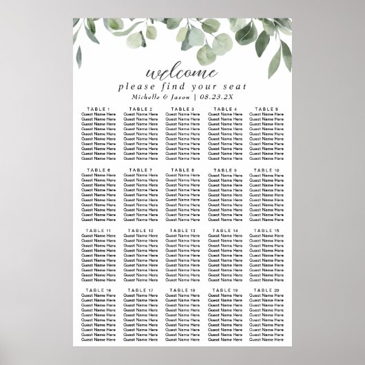 Eucalyptus Greenery Trouwstoel Grafiek 20 Tafel Poster (Voorkant)