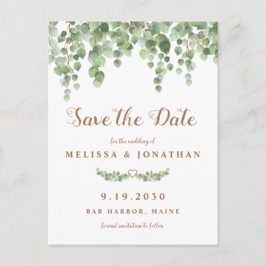 Eucalyptus Greenery trouwt met de datum waarop Briefkaart (Voorkant)
