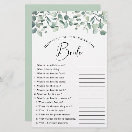 Eucalyptus Greenery Vrijgezellenfeest Game (Voorkant / Achterkant)