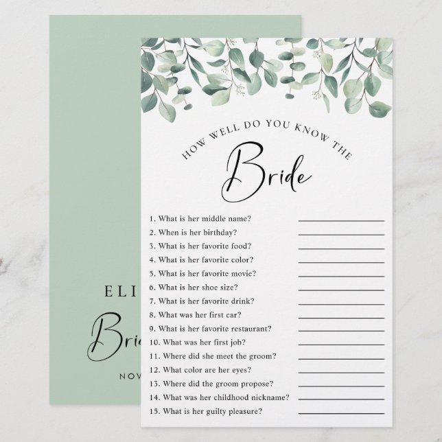 Eucalyptus Greenery Vrijgezellenfeest Game (Voorkant / Achterkant)