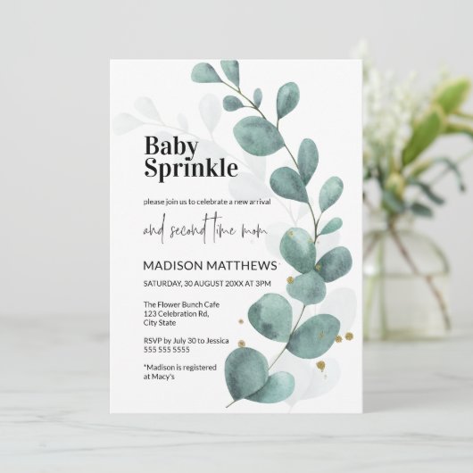 Eucalyptus Greenery Waterverf Baby Sprinkle Invit Kaart (Staand voorkant)