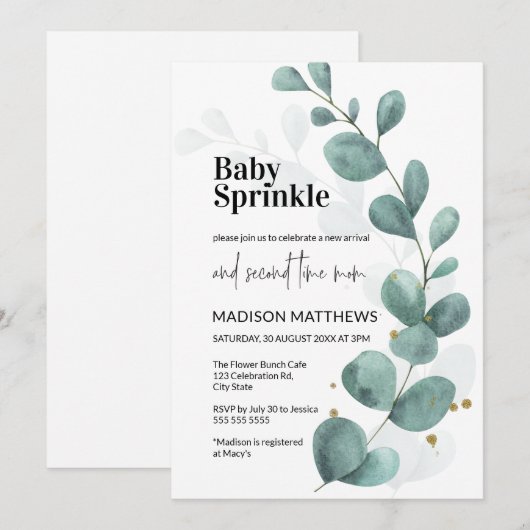 Eucalyptus Greenery Waterverf Baby Sprinkle Invit Kaart (Voorkant / Achterkant)