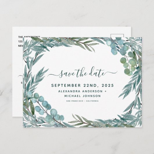 Eucalyptus Greenery Waterverf Bewaar de datum Aankondigingskaart (Voorkant / Achterkant)