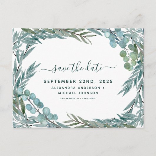 Eucalyptus Greenery Waterverf Bewaar de datum Aankondigingskaart (Voorkant)