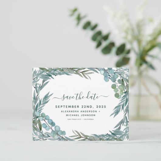Eucalyptus Greenery Waterverf Bewaar de datum Aankondigingskaart (Staand voorkant)