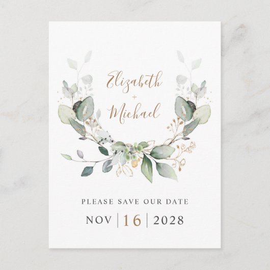 Eucalyptus Greenery Waterverf Bewaar de datum Aankondigingskaart (Voorkant)