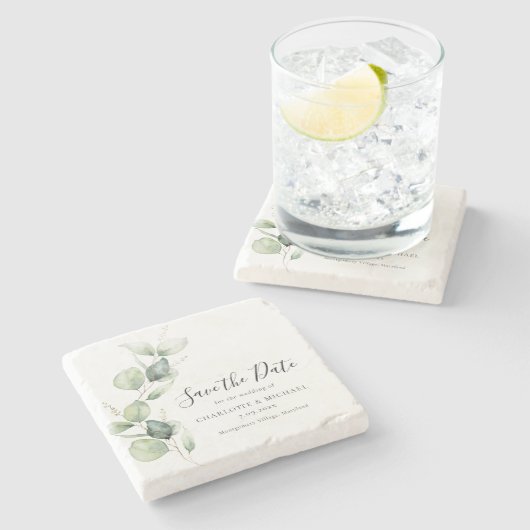 Eucalyptus Greenery Waterverf Bewaar de datum Stenen Onderzetter (Zijkant)