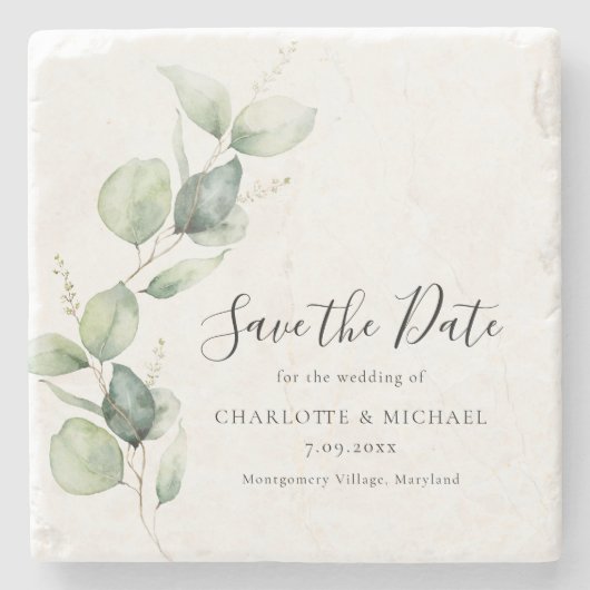 Eucalyptus Greenery Waterverf Bewaar de datum Stenen Onderzetter (Voorkant)