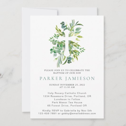 Eucalyptus Greenery Waterverf Cross-Baptisme Invi Kaart (Voorkant)