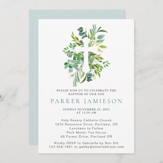 Eucalyptus Greenery Waterverf Cross-Baptisme Invi Kaart (Voorkant / Achterkant)
