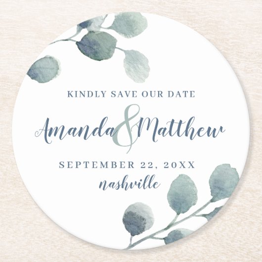 Eucalyptus Greenery Waterverf Foliage Dusty Blue Ronde Kartonnen Onderzetter (Voorkant)