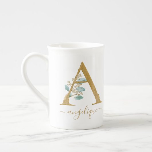 Eucalyptus Greenery Waterverf Gold Monogram A Porselein Kop (Links)