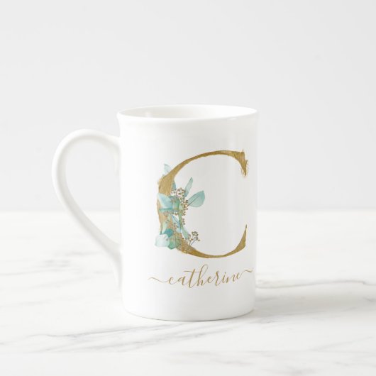 Eucalyptus Greenery Waterverf Gold Monogram C Porselein Kop (Links)