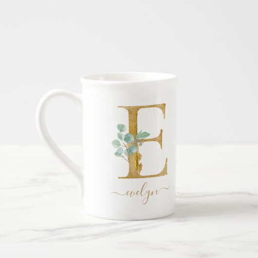 Eucalyptus Greenery Waterverf Gold Monogram E Porselein Kop (Links)
