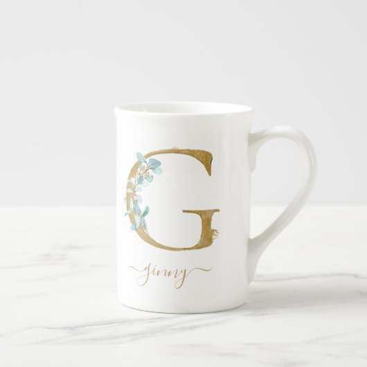 Eucalyptus Greenery Waterverf Gold Monogram G Porselein Kop (Rechts)