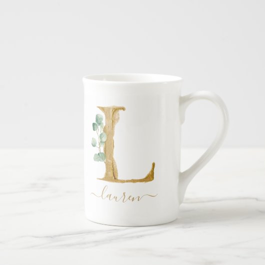 Eucalyptus Greenery Waterverf Gold Monogram L Porselein Kop (Rechts)