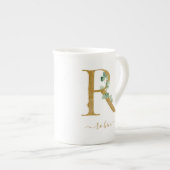 Eucalyptus Greenery Waterverf Gold Monogram R Porselein Kop (Voorkant rechts)