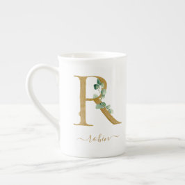 Eucalyptus Greenery Waterverf Gold Monogram R Porselein Kop