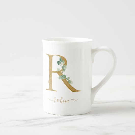Eucalyptus Greenery Waterverf Gold Monogram R Porselein Kop (Rechts)