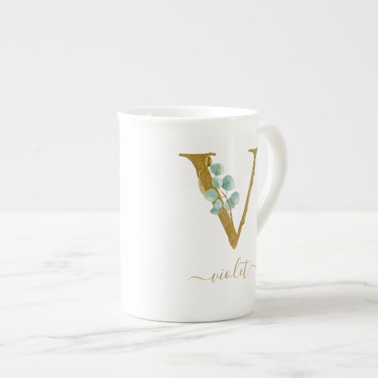 Eucalyptus Greenery Waterverf Gold Monogram V Porselein Kop (Voorkant rechts)