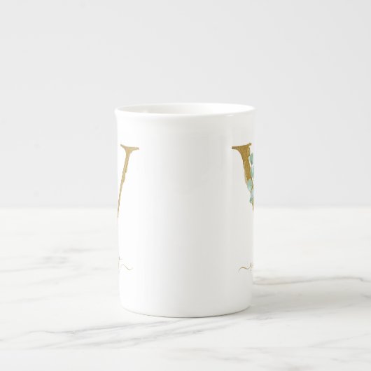 Eucalyptus Greenery Waterverf Gold Monogram V Porselein Kop (Voorkant)