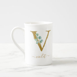 Eucalyptus Greenery Waterverf Gold Monogram V Porselein Kop
