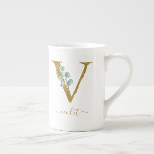 Eucalyptus Greenery Waterverf Gold Monogram V Porselein Kop (Rechts)
