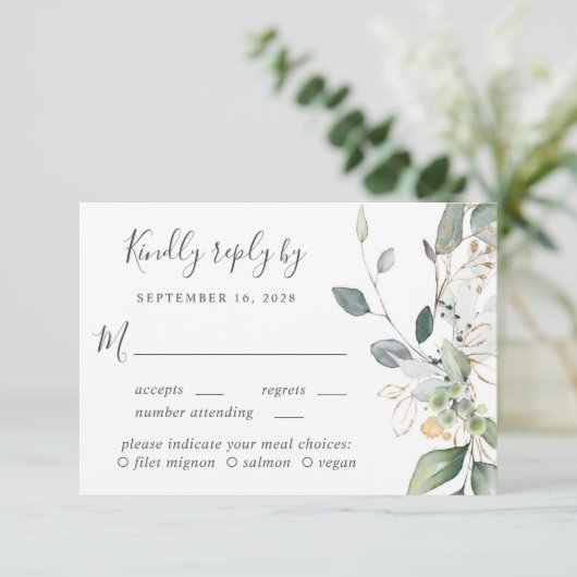 Eucalyptus Greenery Waterverf Meal Option Wedding RSVP Kaartje (Staand voorkant)
