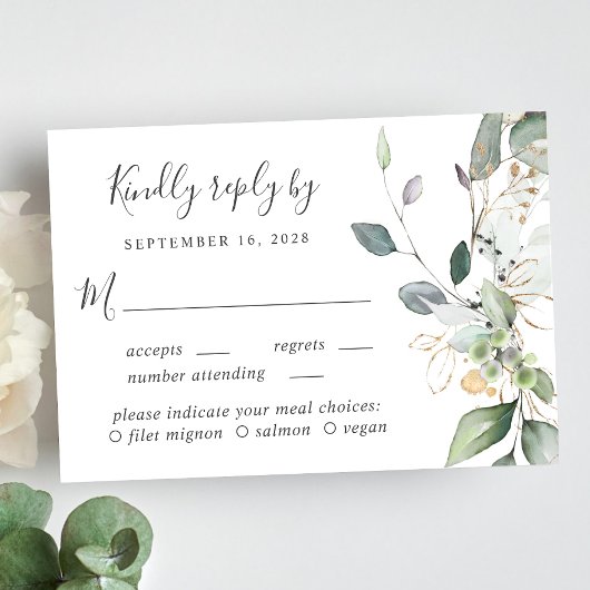 Eucalyptus Greenery Waterverf Meal Option Wedding RSVP Kaartje