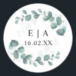 Eucalyptus Greenery Wedding Bonbonniere Ronde Sticker<br><div class="desc">Kan volledig worden aangepast aan uw behoeften. © Gorjo Design. Gemaakt voor je via het Zazzle platform. // Op zoek naar overeenkomende objecten? Andere kantoorbenodigdheden uit de set die beschikbaar is in de afdeling "collecties" van mijn winkel. // Hulp nodig bij het aanpassen van uw ontwerp? Heb je andere ideeën?...</div>