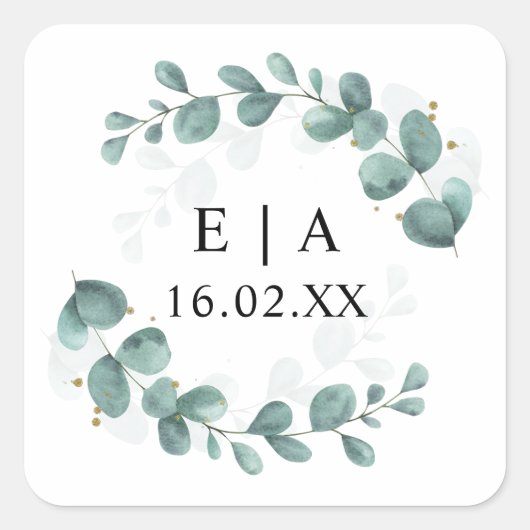 Eucalyptus Greenery Wedding Bonbonniere Vierkante Sticker (Voorkant)